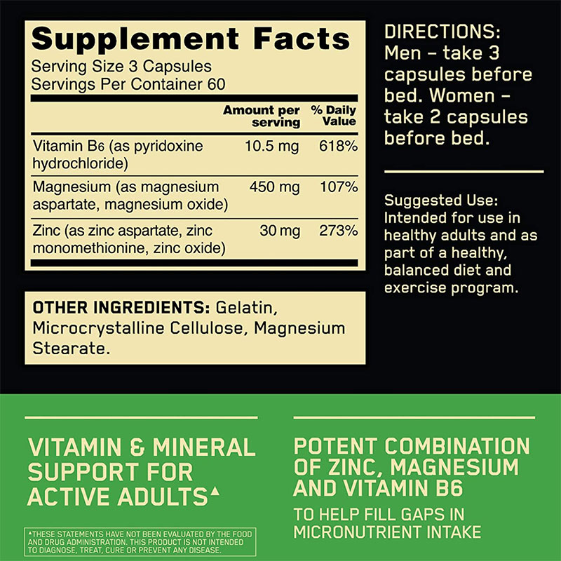 Optimum Nutrition ZMA Supplement Facts